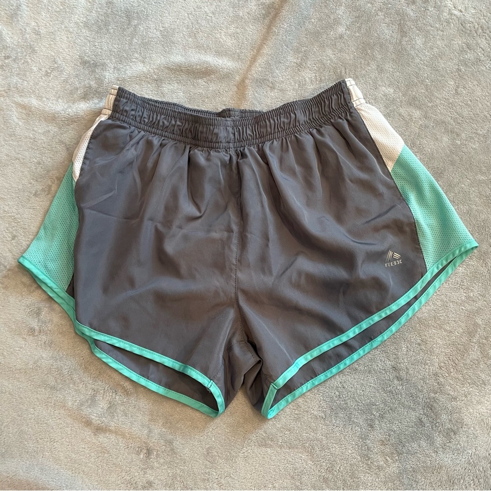 grey, blue and white athletic / workout shorts